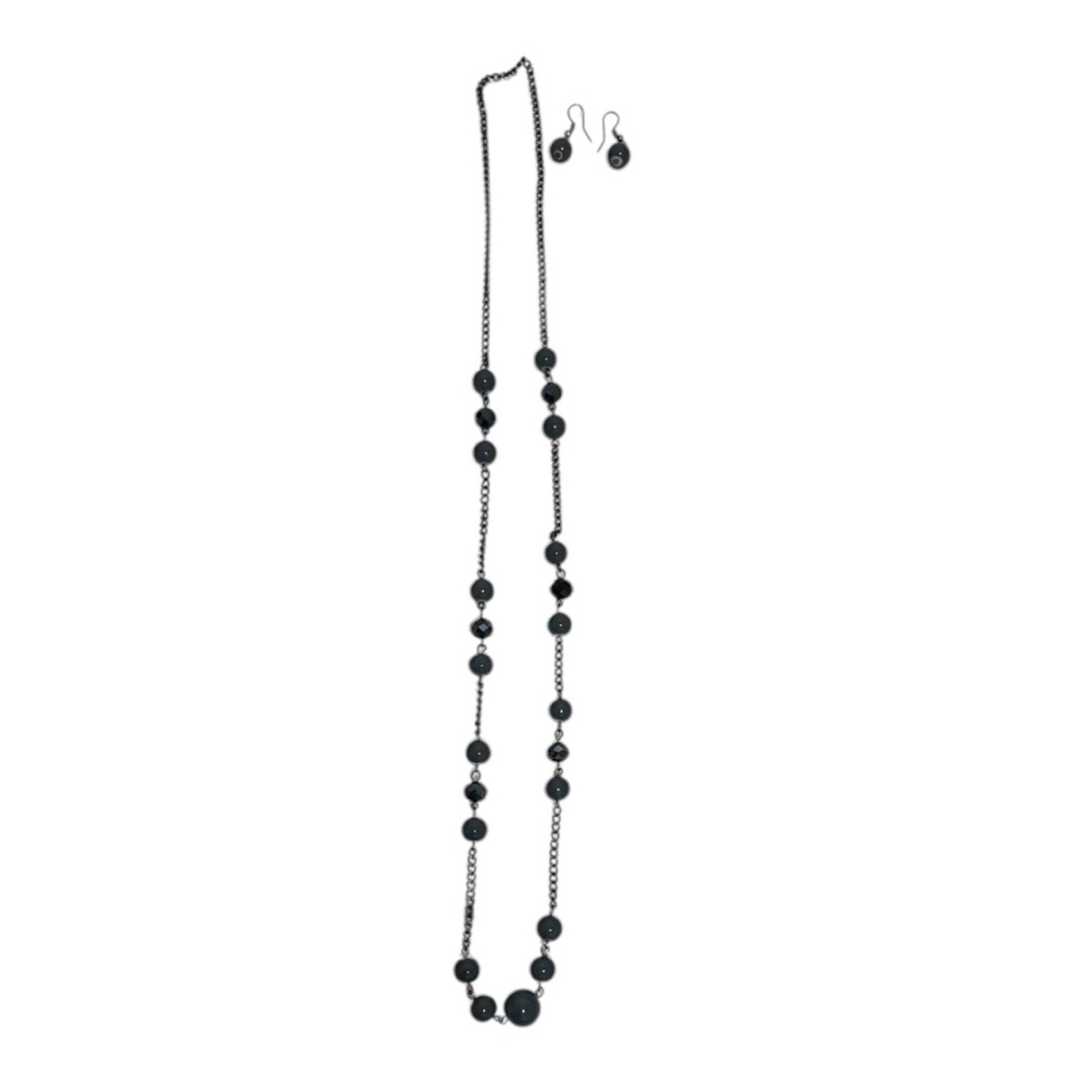 Long Beaded Necklace and Single Bead Drop Earrings Set Women's Gray/Black